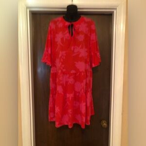 Qincao Red and Pink Floral Dress - size L - 40” in Length